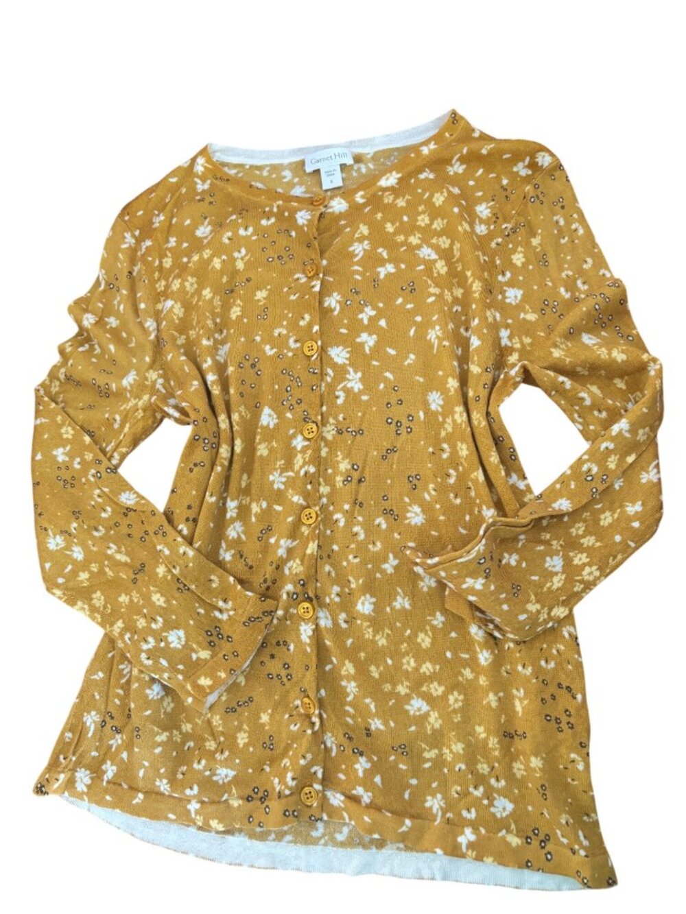 Garnet Hill Mustard Yellow Floral Cardigan Merino Wool Button Down Size S